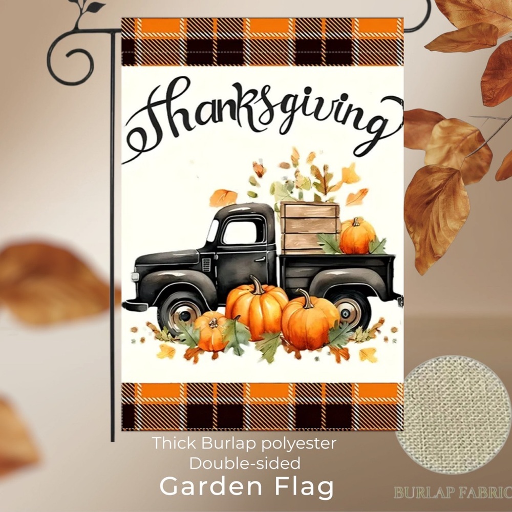 Garden flag, Thanksgiving truck, 12” x 18”, Thick burlap double-sided
